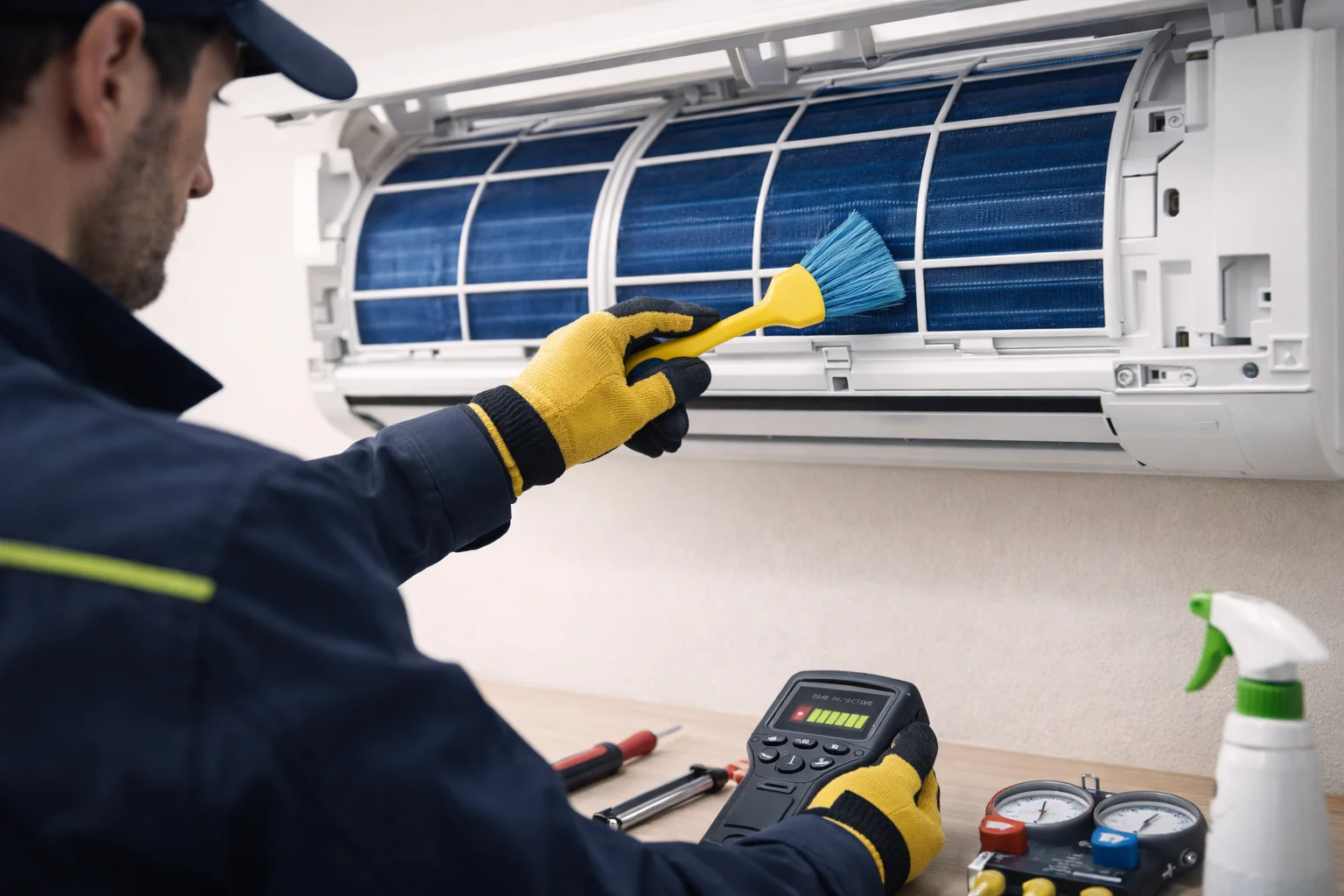 Technicien MAK Électricité effectuant l'entretien de climatisation